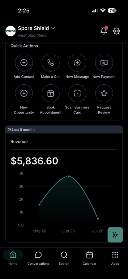 Mobile home screen with quick actions and a six-month revenue chart